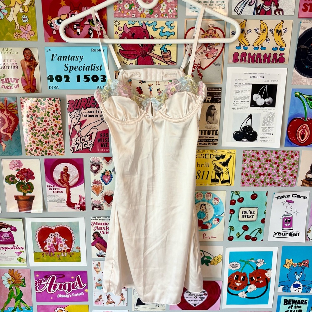 Y2K Floral Lace-Trim Cream Slip Dress - Backless fairycore Dress 🤍🌸
